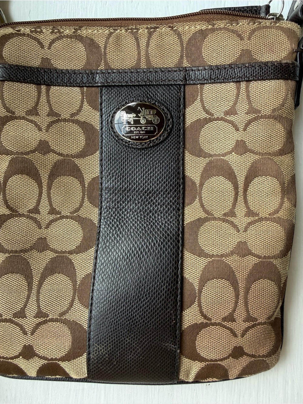 Coach Brown Signature Canvas Crossbody with Dark Brown Leather Trim